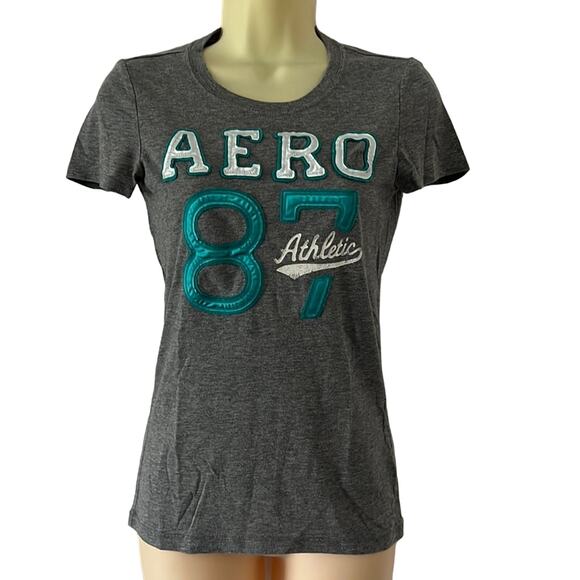 Aeropostale Gray Tee Shirt with Satin Appliqué Knit Top Y2K - Picture 1 of 8